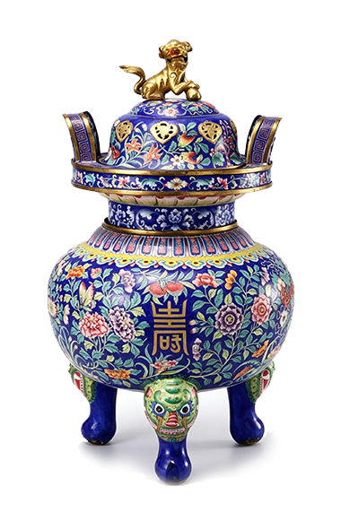 清铜胎画珐琅花卉纹“喜”“寿”字狮钮三足炉